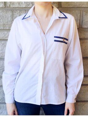 Vintage Blue Trimmed White Button Down Top